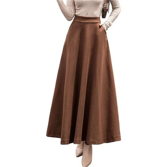Women's Fall Winter A-Line Swing Pleated Long Maxi Wool Skater Skirt
